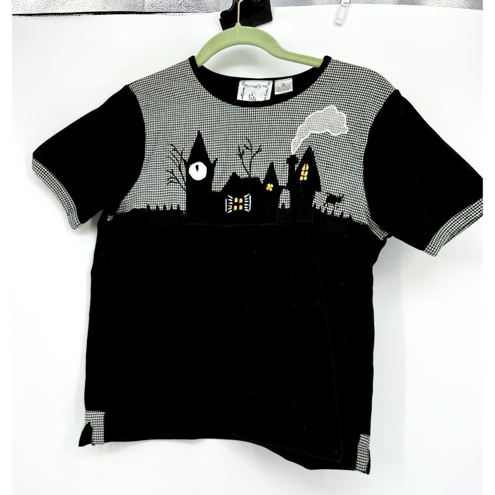 Michael Simon Lite S Haunted House Cat Halloween Top Sz S Black White‎ Gingham
